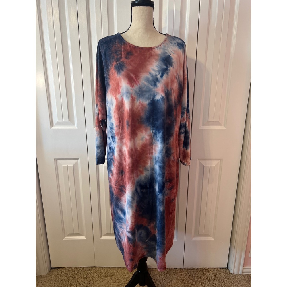 Emerald Women 2X Tie Dye Midi Dress Red White Blue Long Sleeve Shift ETK-8991